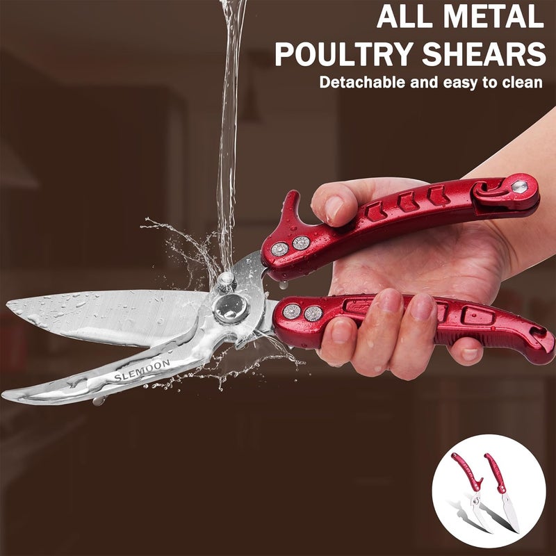 SLEMOON Heavy Duty Poultry Shears Kitchen for Chicken Meat,Multipurpose Kitchen Shears for Food,Herb Scissors with 5 Blades and Cleaning Comb, Cool Kitchen Gadgets Tools 2024 Green,2pcs set,burgundy - Image 4